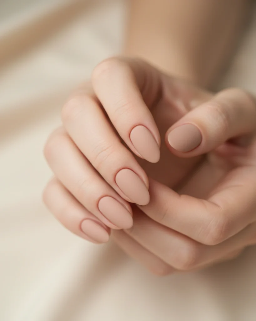 A close-up of a hand with perfectly shaped almond nails showcasing a sophisticated modern matte nude manicure against a soft, neutral background.