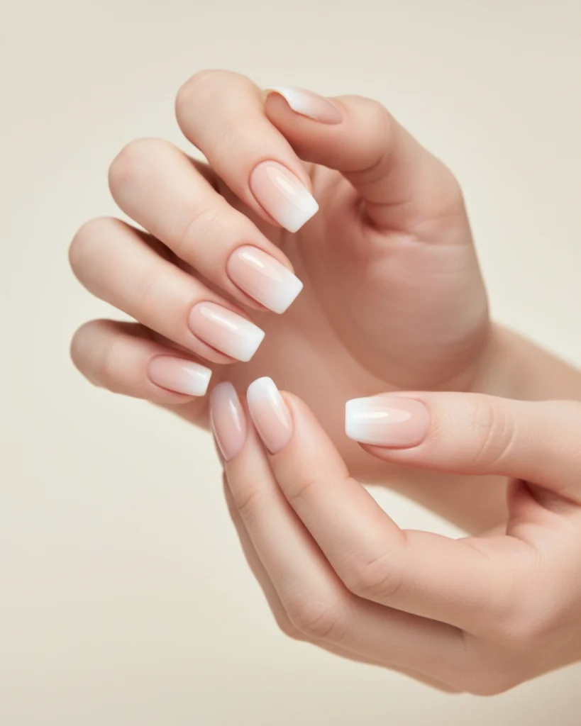 A close-up of a flawless subtle nude ombre manicure, showing a seamless gradient from sheer pink to soft white on medium squoval nails.