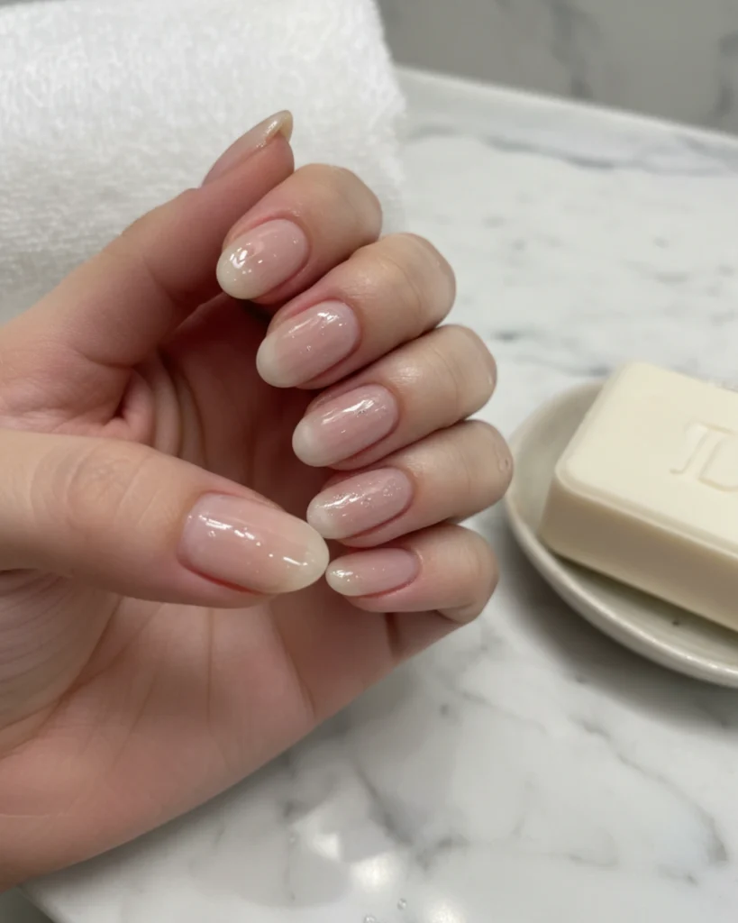 A close-up of a hand with perfectly groomed, glossy nails in a sheer pinkish tint, representing the clean 'soap nails' trend, with a bar of soap in the background.