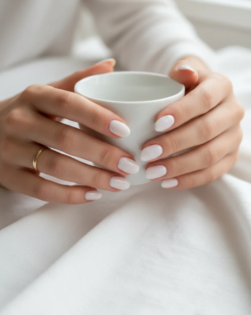 A chic manicure on almond-shaped nails featuring a semi-opaque, elegant milky white color.