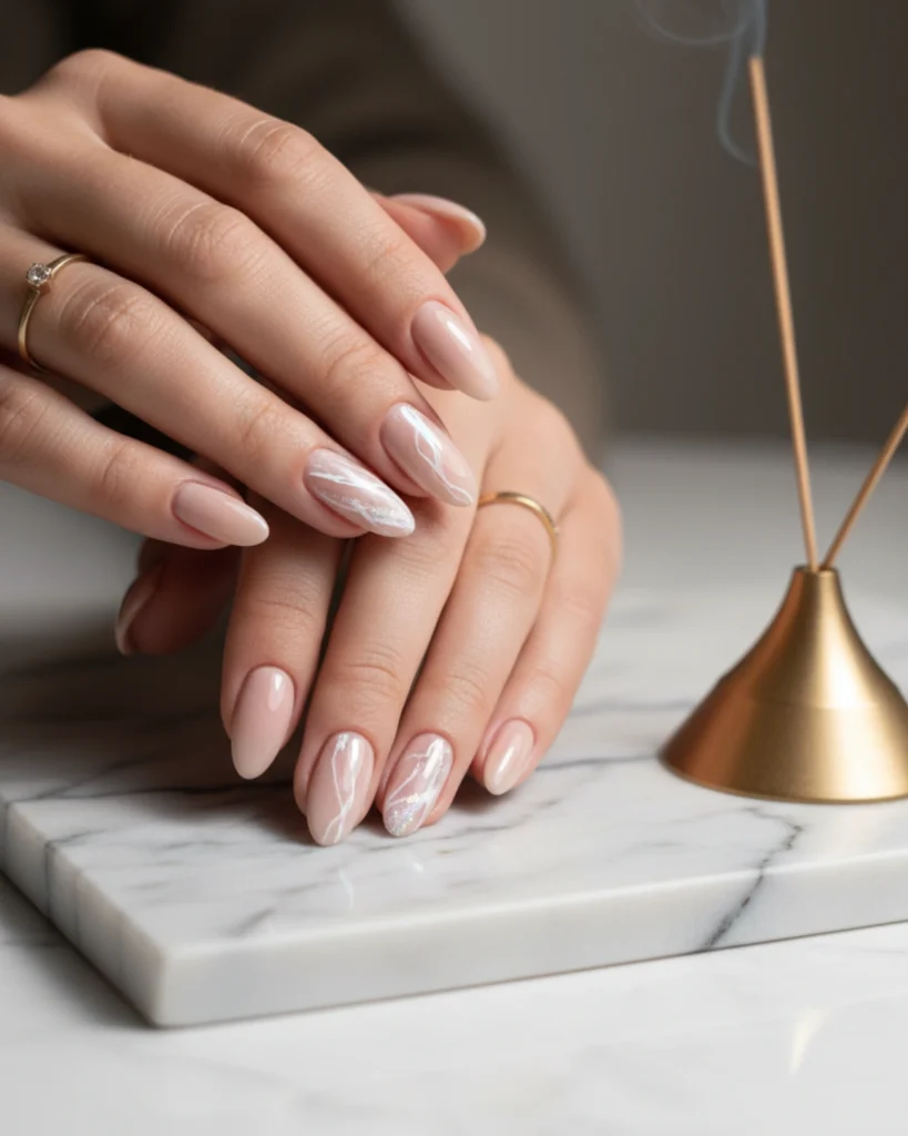 A sophisticated manicure on almond-shaped nails, featuring a creamy nude base color with delicate white and silver marble accent nail art.