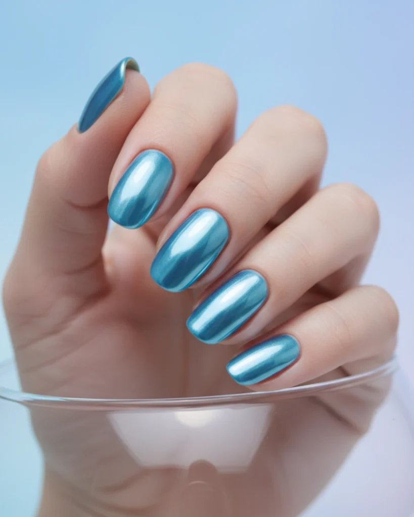 A close-up of a hand with perfectly manicured oval nails in a reflective, cool-toned baby blue chrome finish.