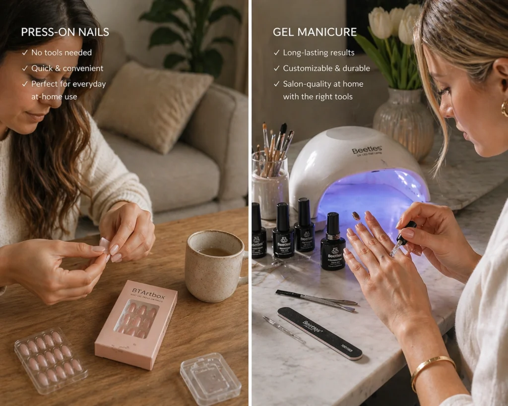 beginner applying press-on nails vs DIY gel nails using UV lamp at home