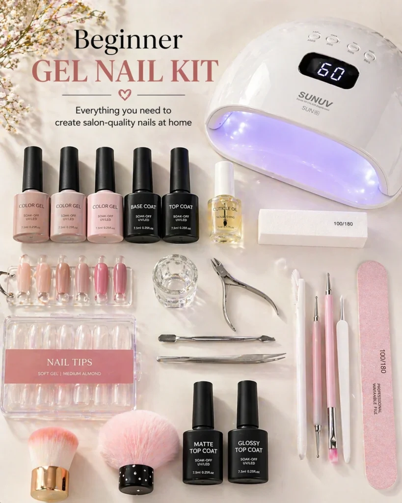 beginner gel nail polish kit with UV LED lamp and tools for at home manicure