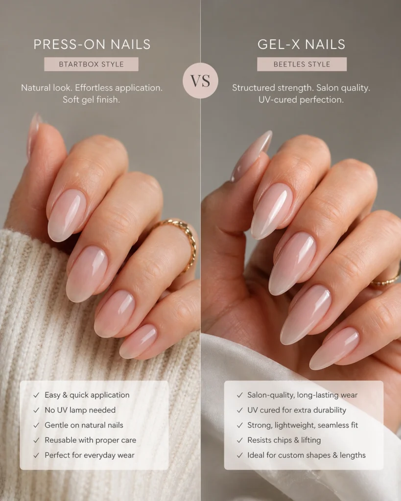 BTArtbox vs Beetles press-on nails vs gel X nails comparison showing natural vs glossy finish