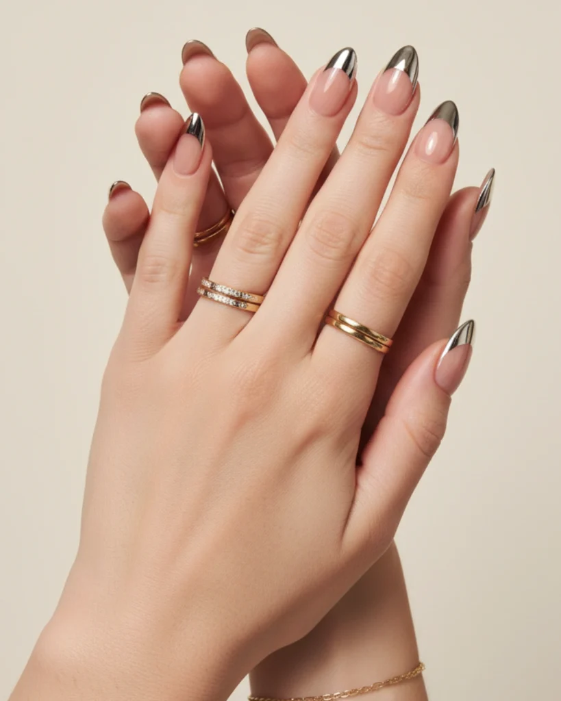 A close-up of long, almond-shaped nails with a modern French manicure featuring high-shine silver chrome tips on a sheer nude base.