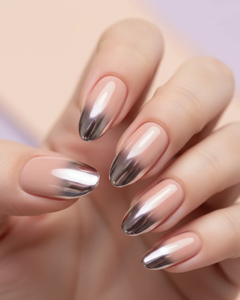 A close-up of a hand with almond-shaped nails featuring a stunning chrome ombré design, fading from a sheer nude base to a metallic silver tip.