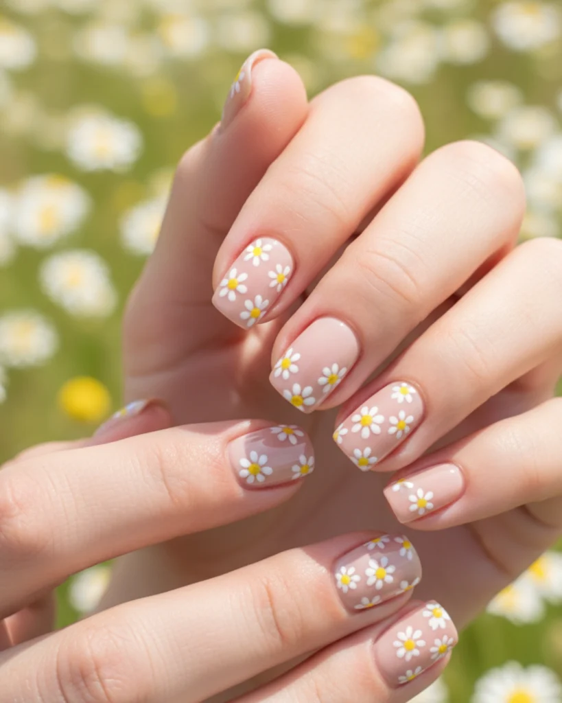 A close-up of a manicure with small white and yellow daisy flowers painted on a nude pink base, with a blurry background of a daisy field.