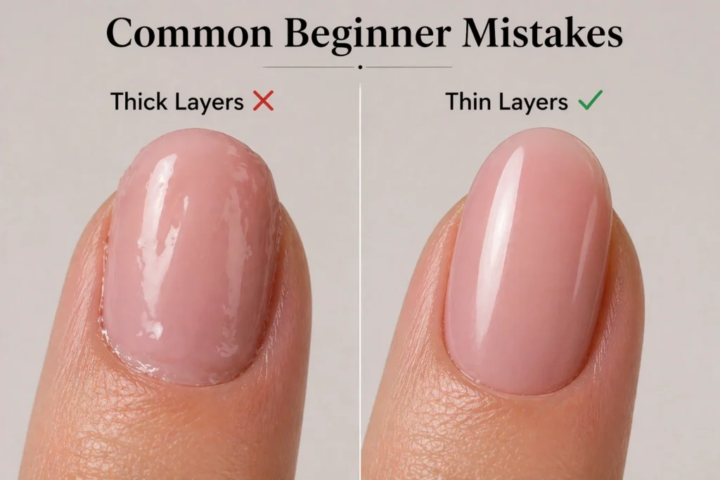 common gel nail mistakes thick layers vs proper thin application comparison