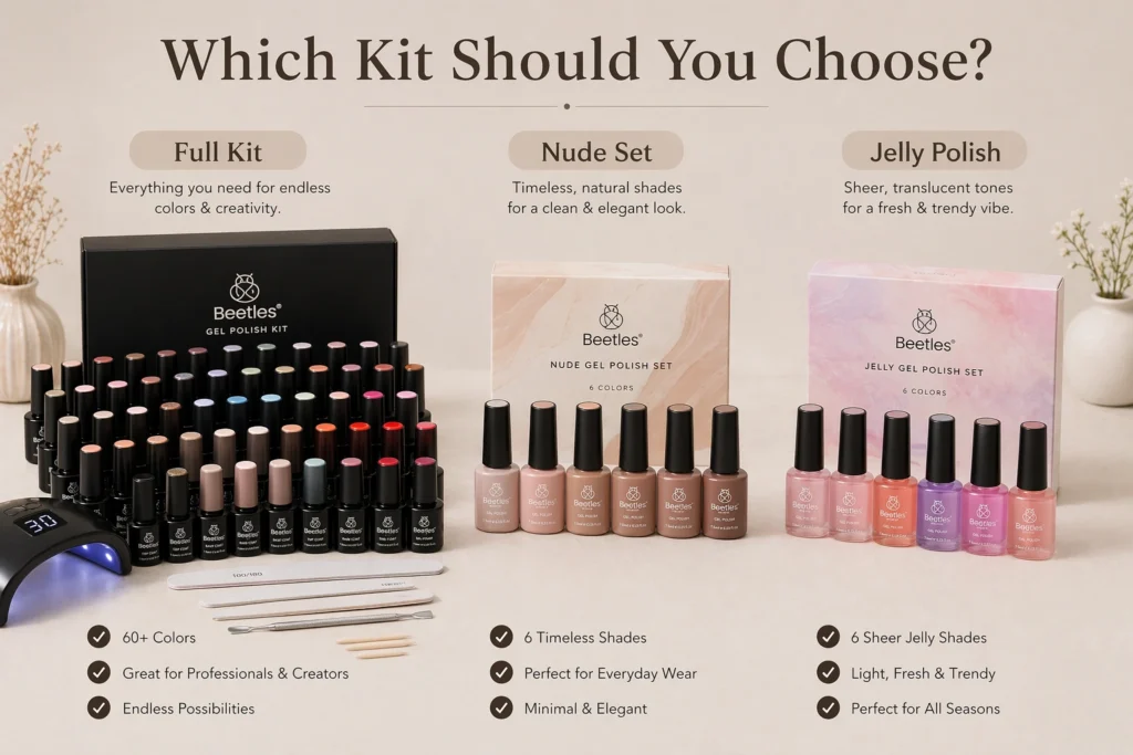 different types of gel nail kits for beginners including full kits nude sets and jelly polish