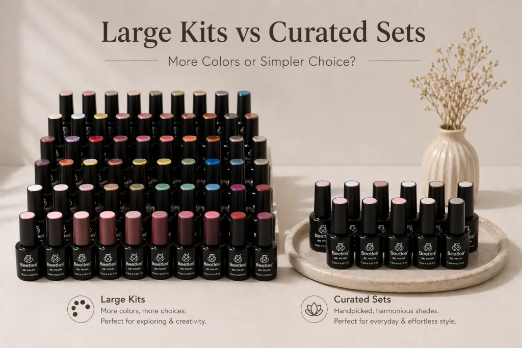 gel nail polish kit with many colors compared to curated smaller nail polish set