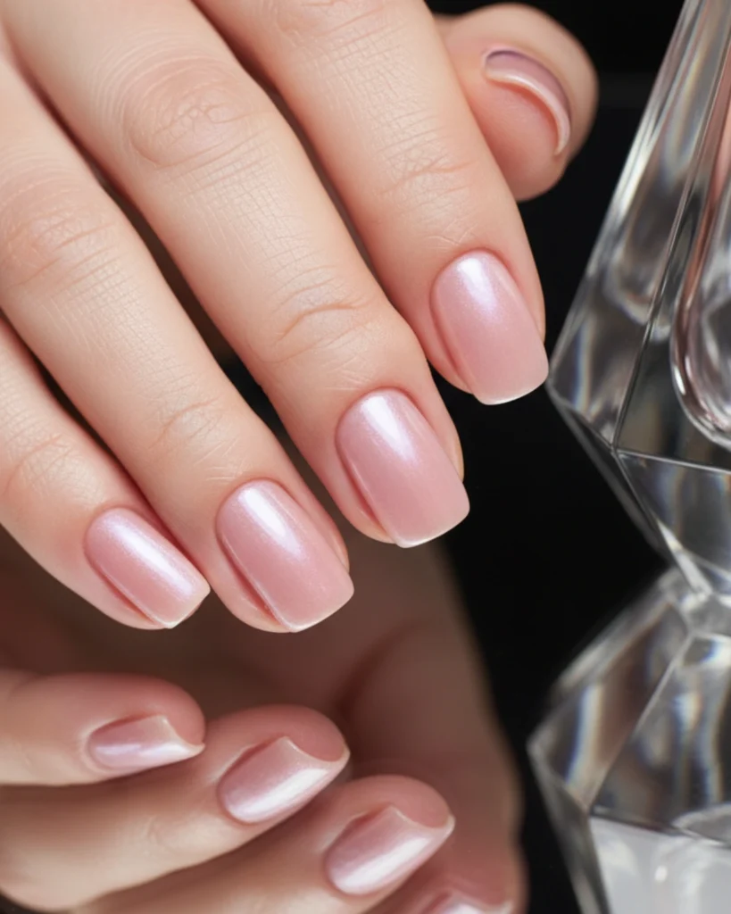 A close-up of a hand with short, squoval nails painted in a sheer pink with a soft pearl chrome finish, known as 'glazed donut' nails.
