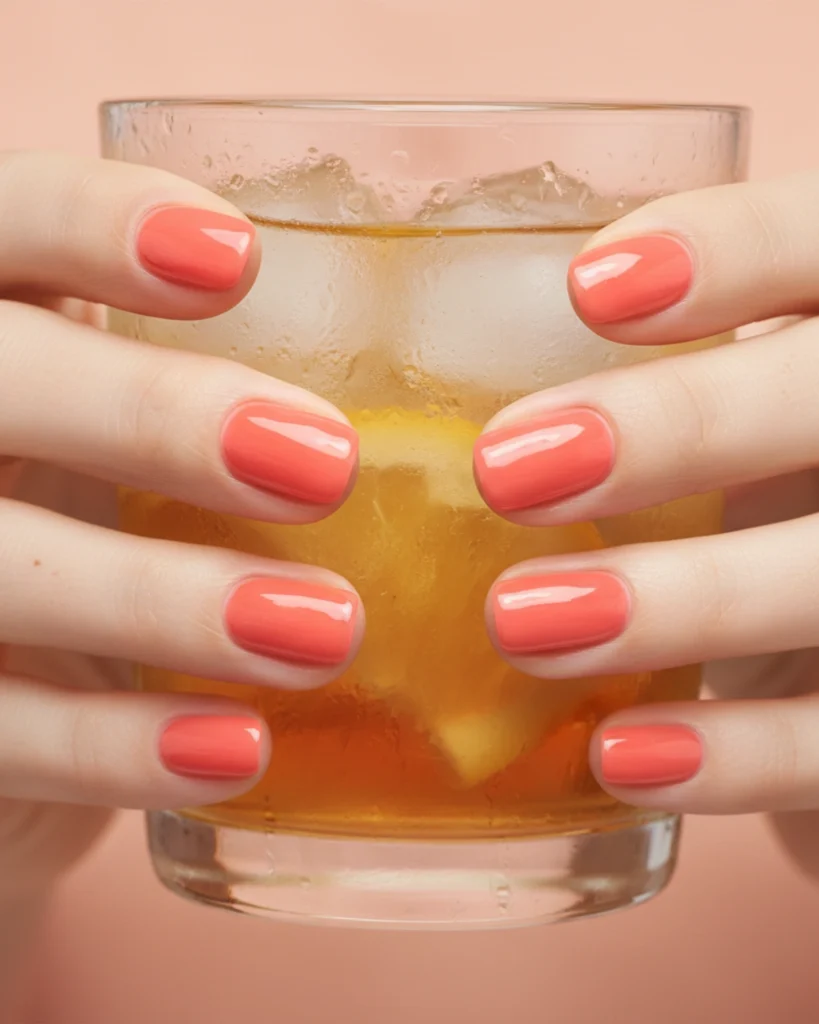 A close-up of two hands with short, squoval nails painted in a glossy, vibrant coral jelly polish, holding a glass of iced tea.