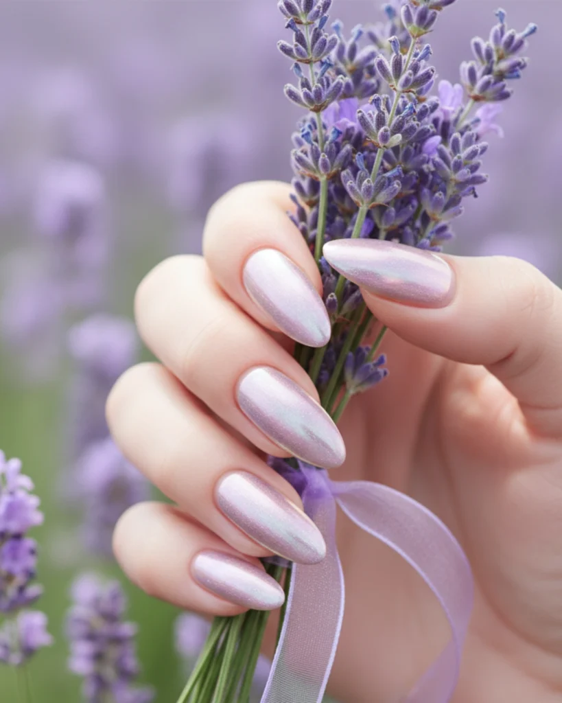 A close-up of a hand with long almond-shaped nails painted in a soft lavender chrome, holding a bouquet of fresh lavender flowers.