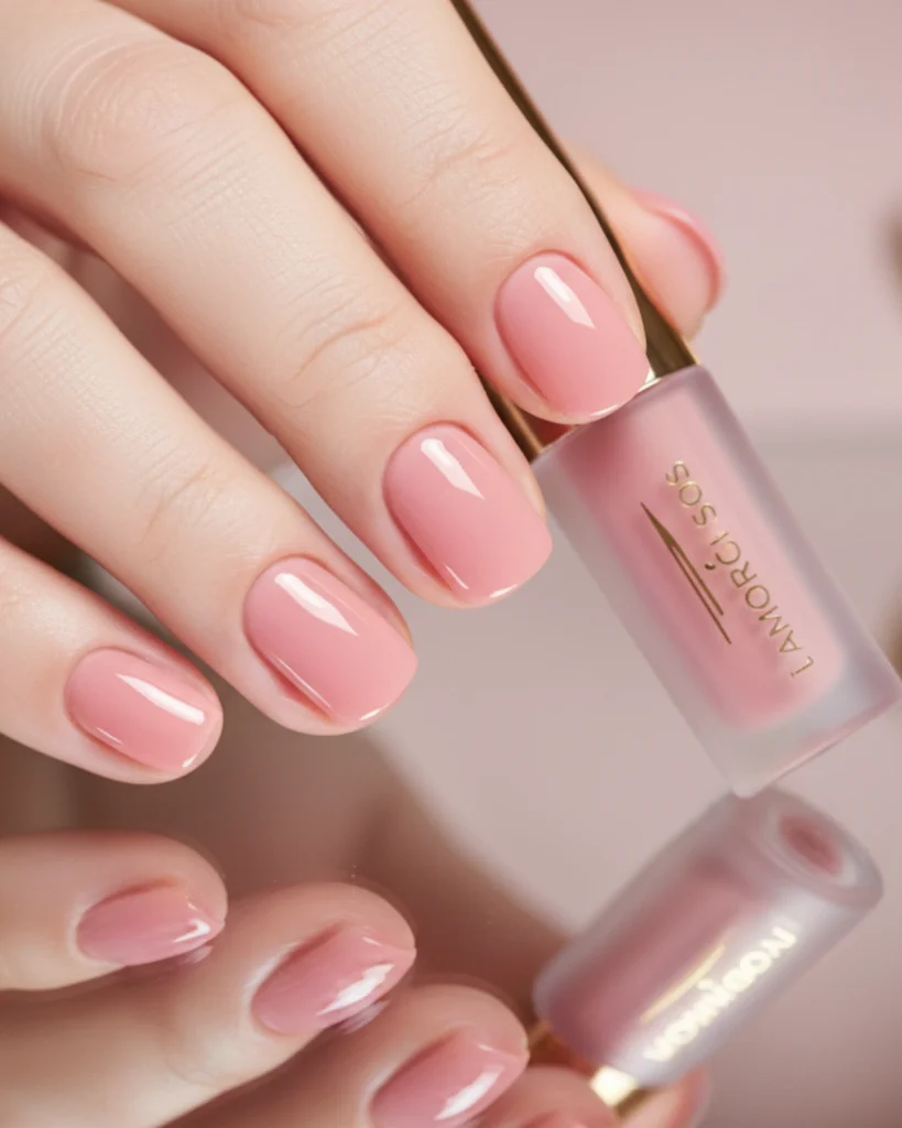 A close-up of a hand with short, squoval nails painted in a sheer, high-shine pink jelly polish, holding a matching polish bottle.