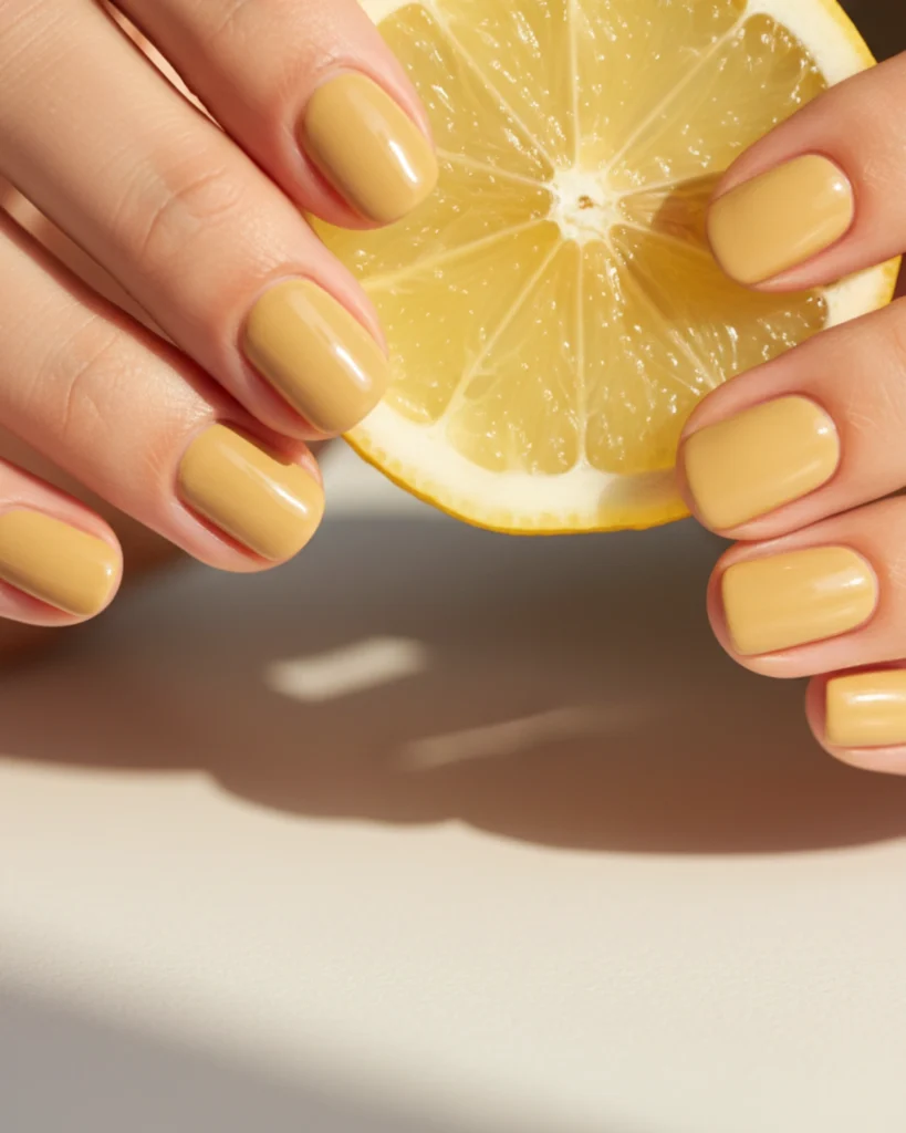 A close-up of a pair of hands with a flawless, creamy butter yellow manicure holding a slice of a juicy lemon.