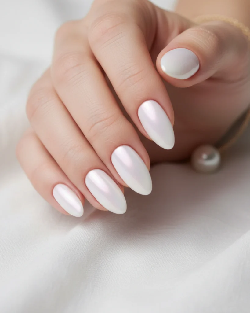 A close-up of a hand with almond-shaped nails featuring a milky chrome manicure, showing a soft white base with a pearlescent sheen against a white fabric background.