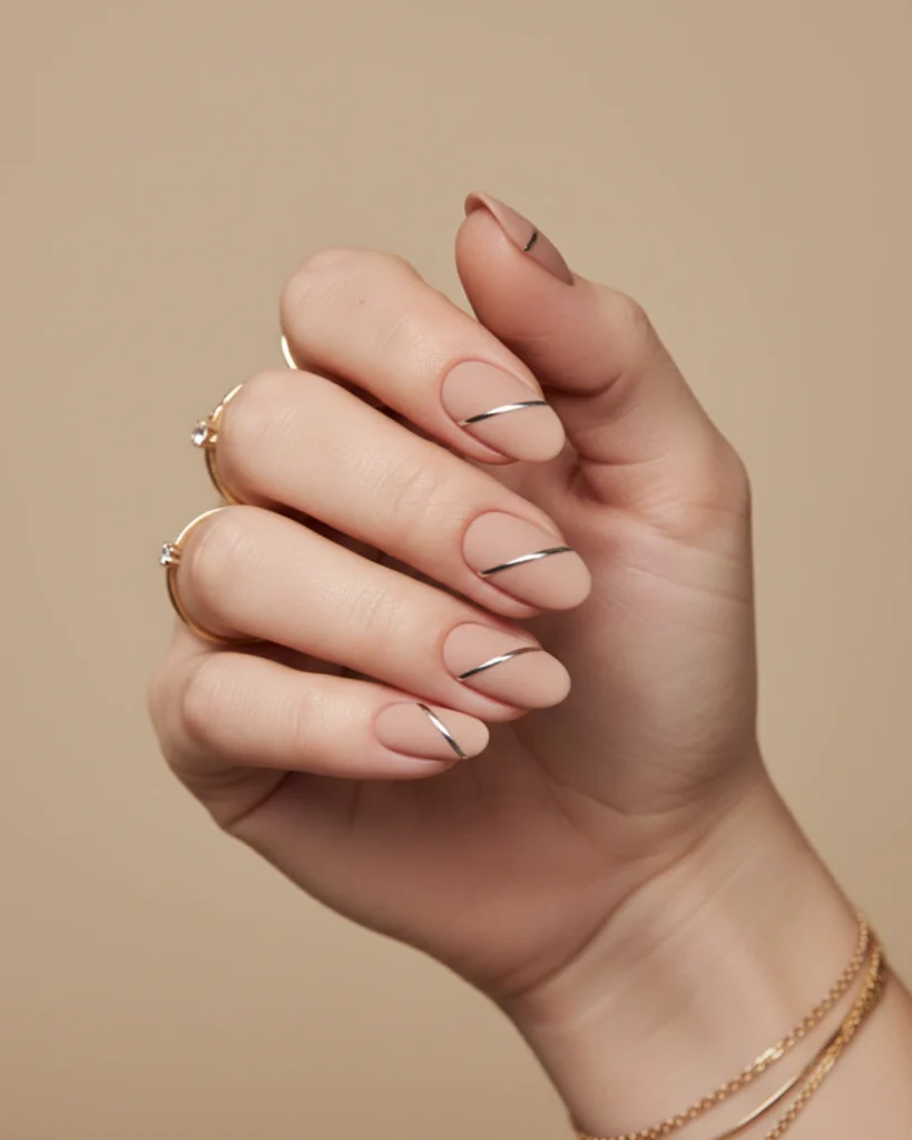 A close-up of a hand with short, almond-shaped nails painted in a matte nude polish, each nail featuring a single, thin, horizontal silver chrome stripe accent.