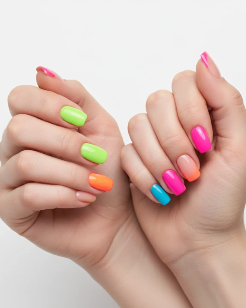 A close-up of two hands with a bright, mismatched neon manicure featuring solid green, pink, blue, and orange nails, as well as modern neon pink French tips and an orange ombre accent nail.