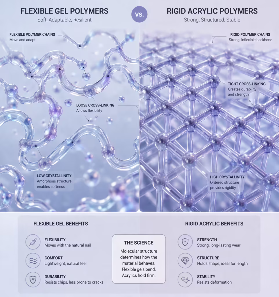 Molecular structure comparison between flexible soft gel and rigid acrylic polymers for nail enhancements