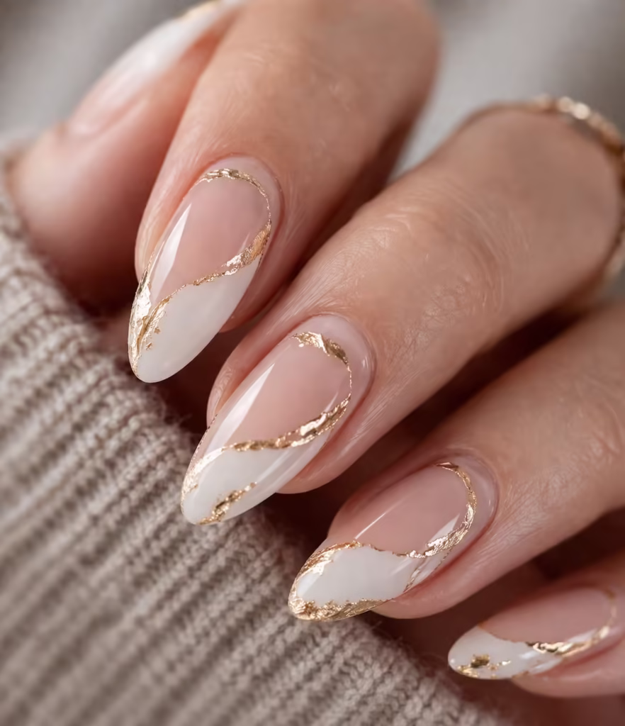 Minimalist negative space nail art with gold foil accents