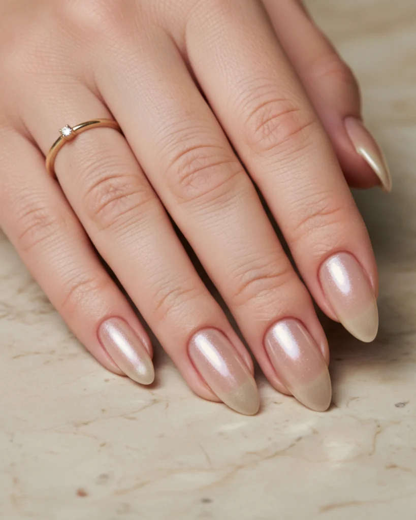 A close-up of a hand with long almond-shaped nails featuring a sophisticated nude chrome manicure with a subtle satin-metallic finish.