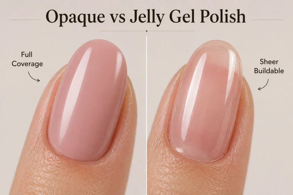opaque gel nail polish vs sheer jelly gel polish comparison on nails