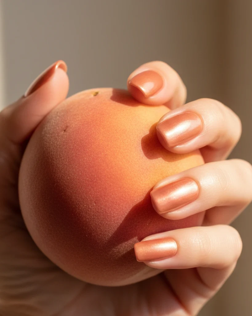 A close-up of a hand with short, squoval nails painted in a warm peach chrome color, holding a fresh peach in natural sunlight.