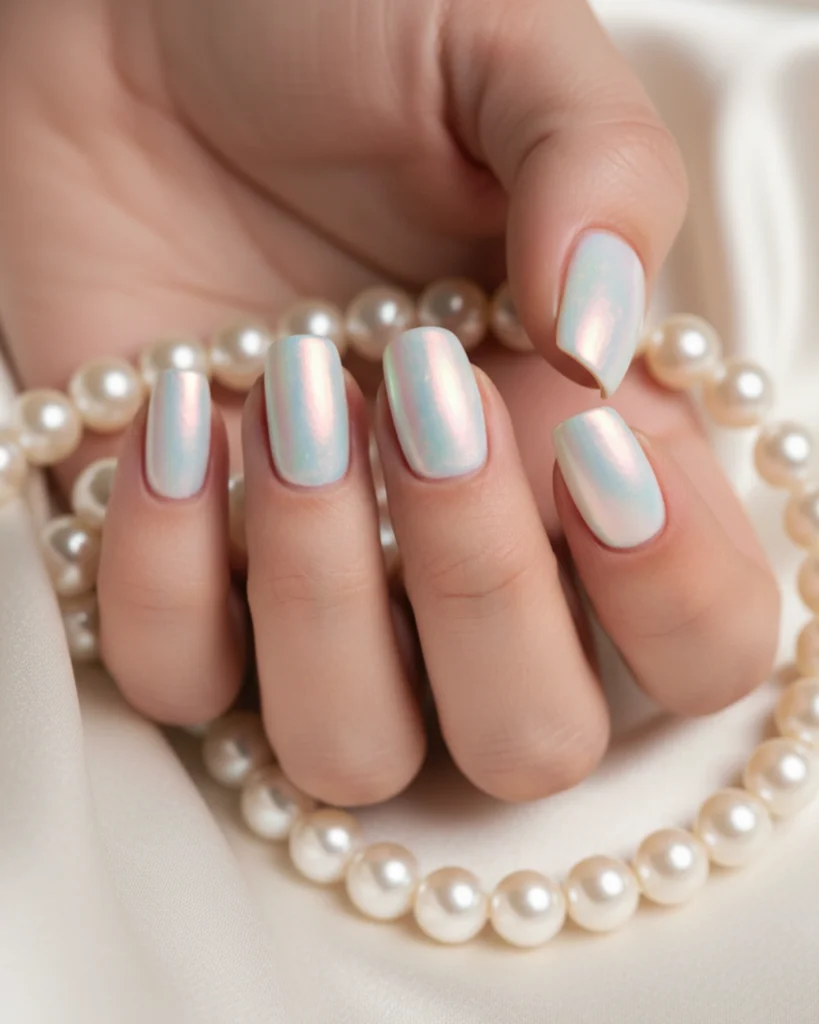 A close-up of a hand with medium-length squoval nails in a soft pearl chrome finish, holding a string of white pearls over a silk background.