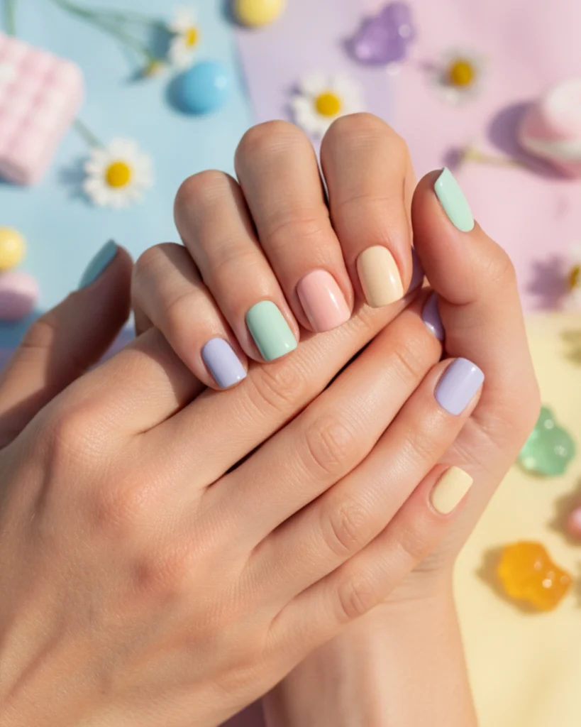 A close-up of two hands showing a 'Skittles' manicure with each nail painted a different pastel shade, including lavender, mint green, soft pink, and pale yellow.