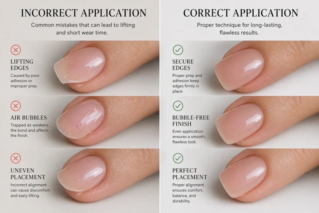 common press-on nail mistakes lifting edges air bubbles vs correct application