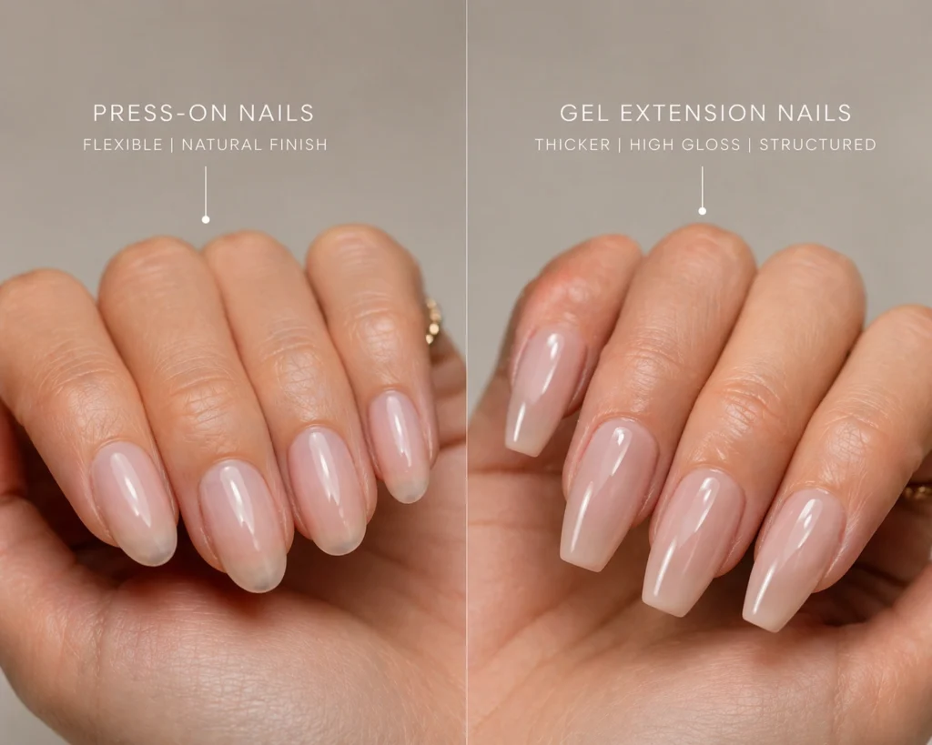 comparison of press-on nails and gel extension nails showing thickness and texture differences