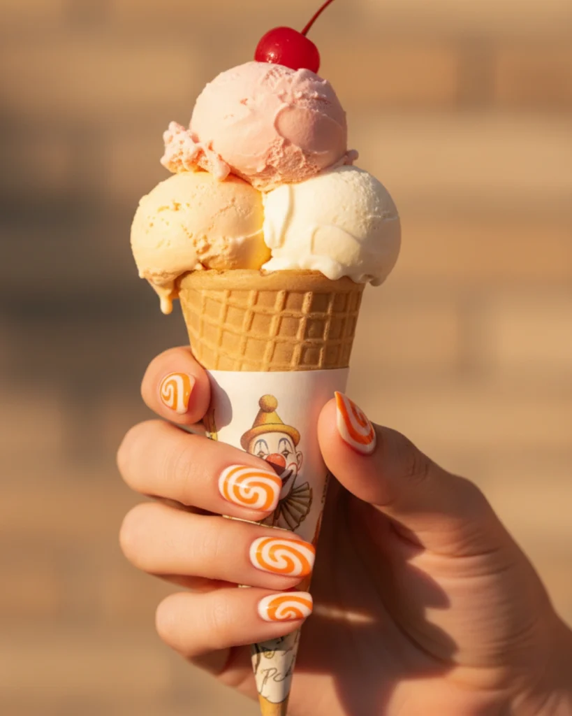 A hand holding an ice cream cone, showing off a retro nail art design with orange and white creamsicle swirls.