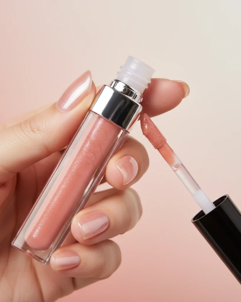 A hand holding a tube of lip gloss, showcasing a sheer pink chrome manicure with a pearlescent, glossy finish.
