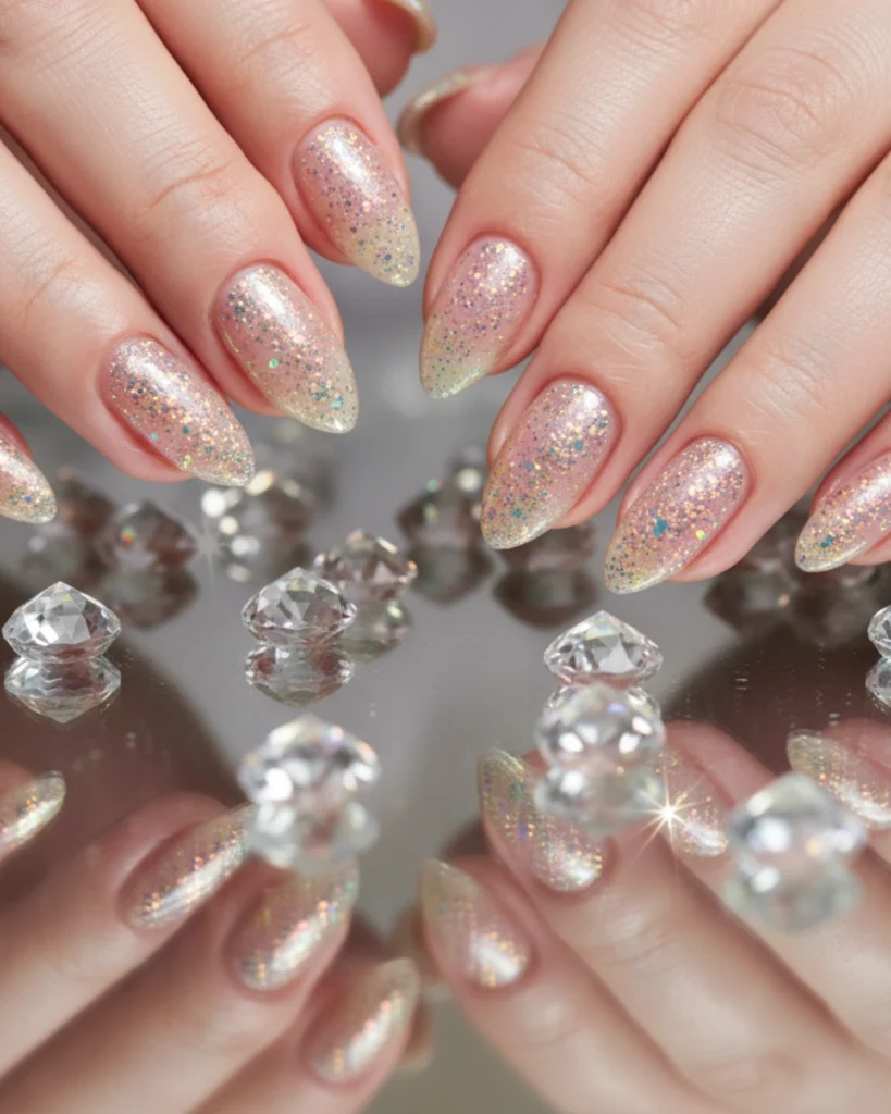 A close-up of a glamorous manicure with almond-shaped nails featuring a sheer jelly base packed with sparkling iridescent glitter, set against a reflective background with crystals.