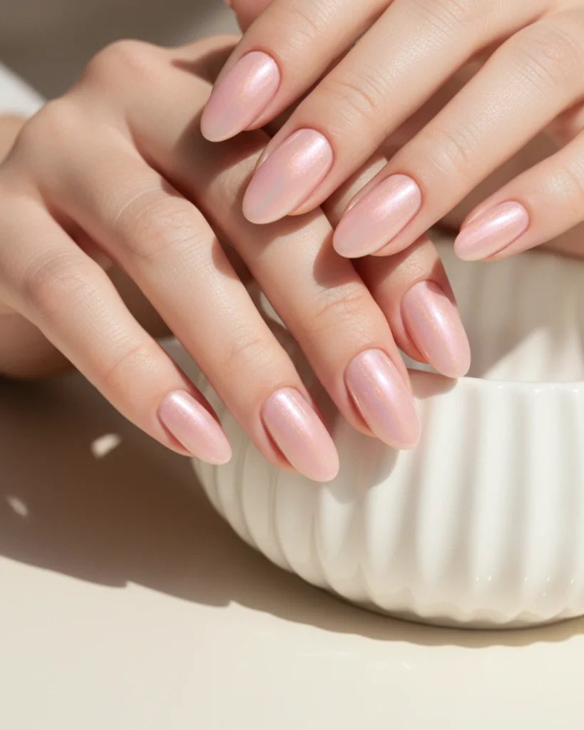 A close-up of a woman's hands with elegant, medium almond-shaped nails painted in a pearlescent light pink, a popular nail color for Spring 2026.