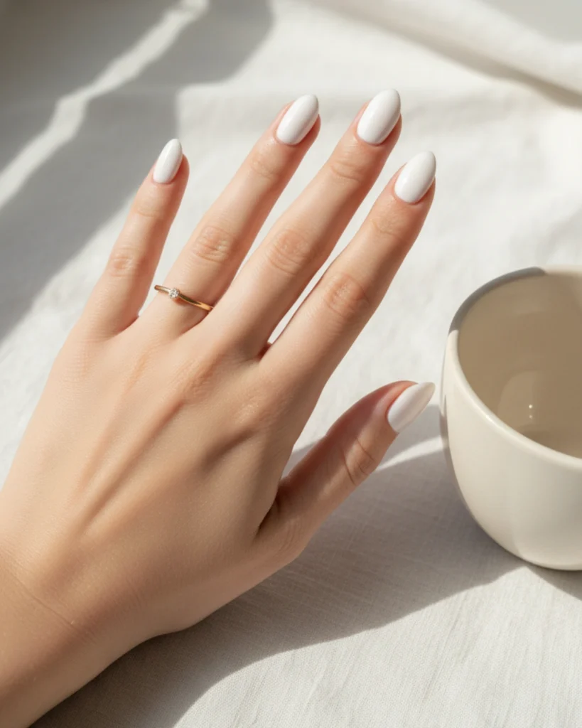 A woman's hand with a clean, solid white manicure on medium almond-shaped nails, representing a classy spring 2026 nail trend.
