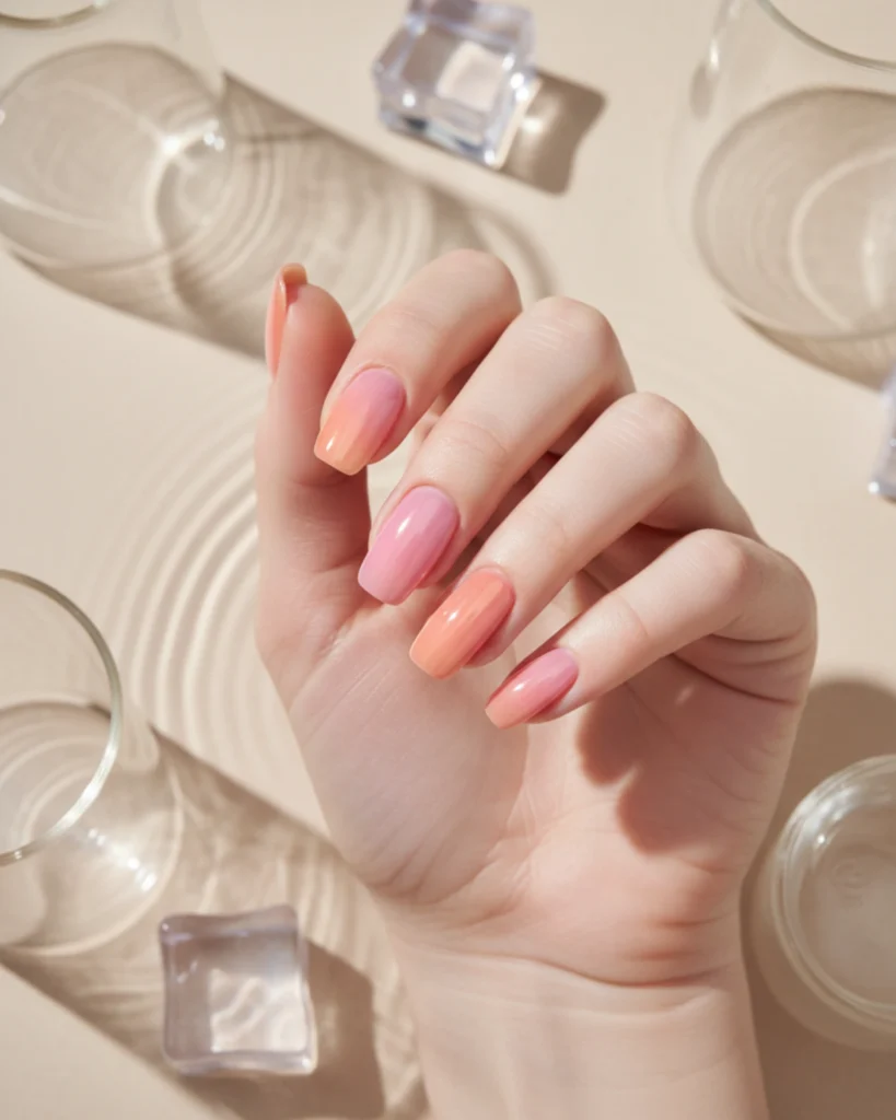 A woman's hand with medium squoval nails featuring a glossy vertical ombré design in pastel pink and peach, a popular spring nail color idea for 2026.