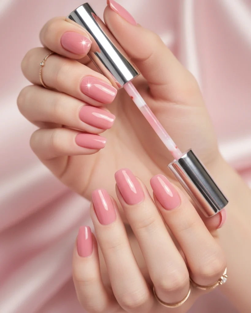 A woman's hands with a perfect, glossy dusty rose pink manicure, holding an open nail polish bottle against a soft pink background.