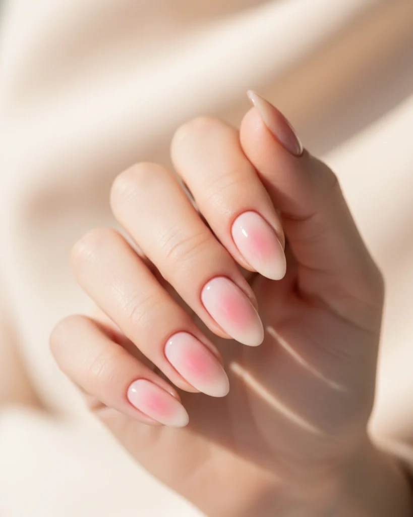 A close-up of a hand with almond-shaped nails featuring a pink blush aura design on a sheer nude base, a classy and simple spring nail idea for 2026.