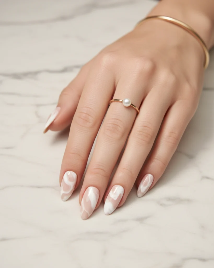 A woman's hand with almond-shaped nails featuring an abstract swirl design in nude and white, a chic and artistic spring nail idea for 2026.