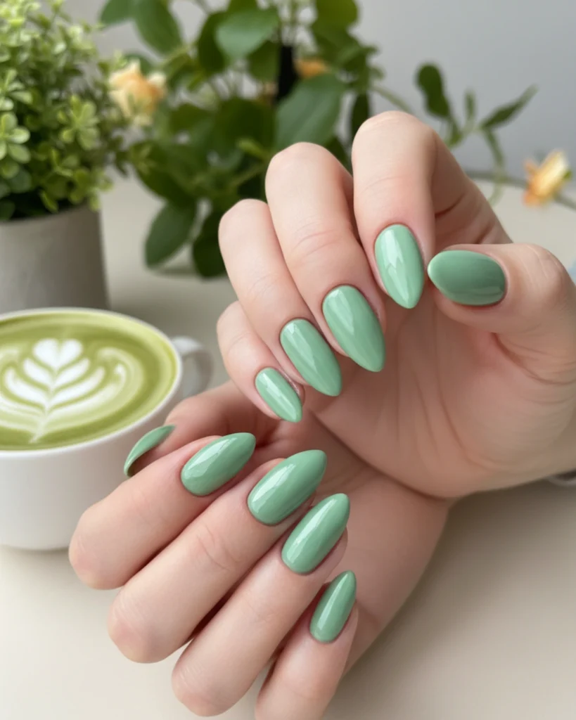 A woman's hand with perfectly manicured almond-shaped nails in a glossy sage green color, a trending nail idea for spring 2026.
