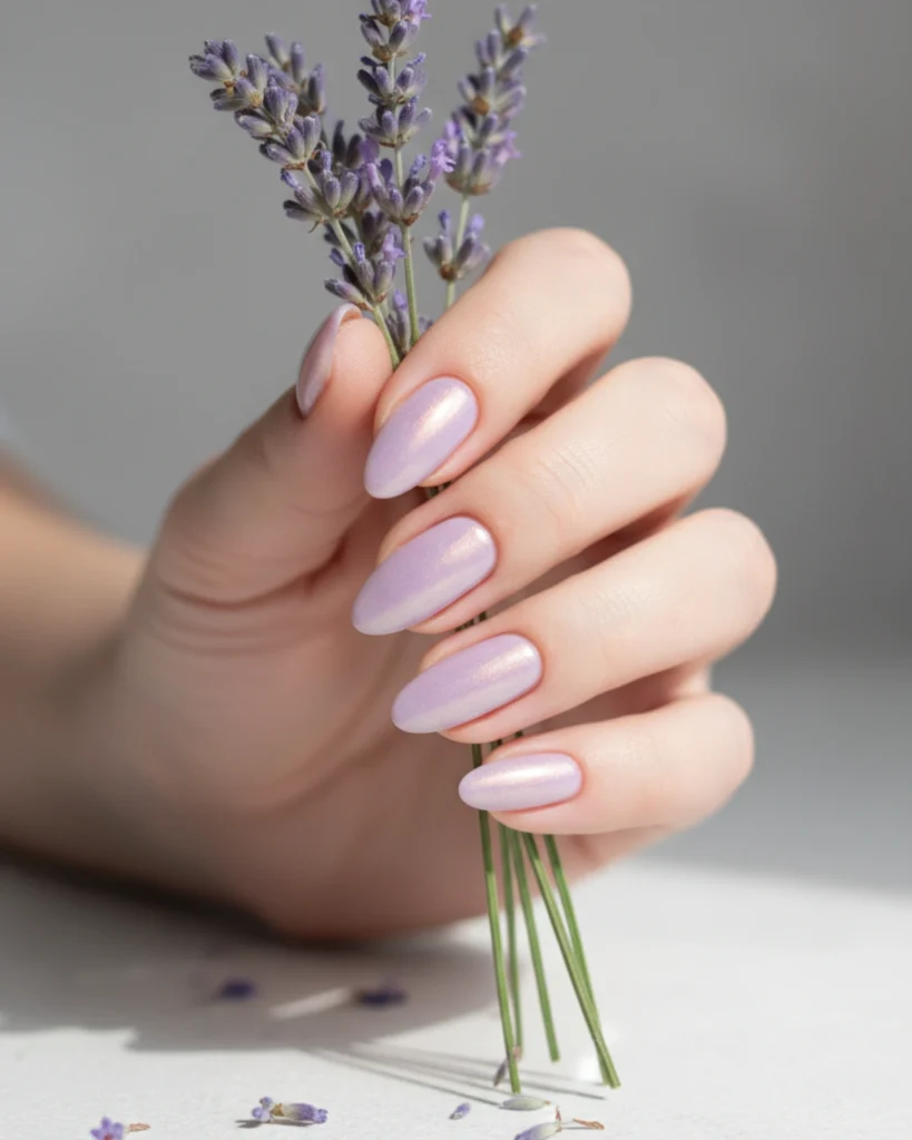 A close-up of a hand with medium almond-shaped nails painted in a shimmery pearlescent lavender polish, holding a sprig of lavender flowers.