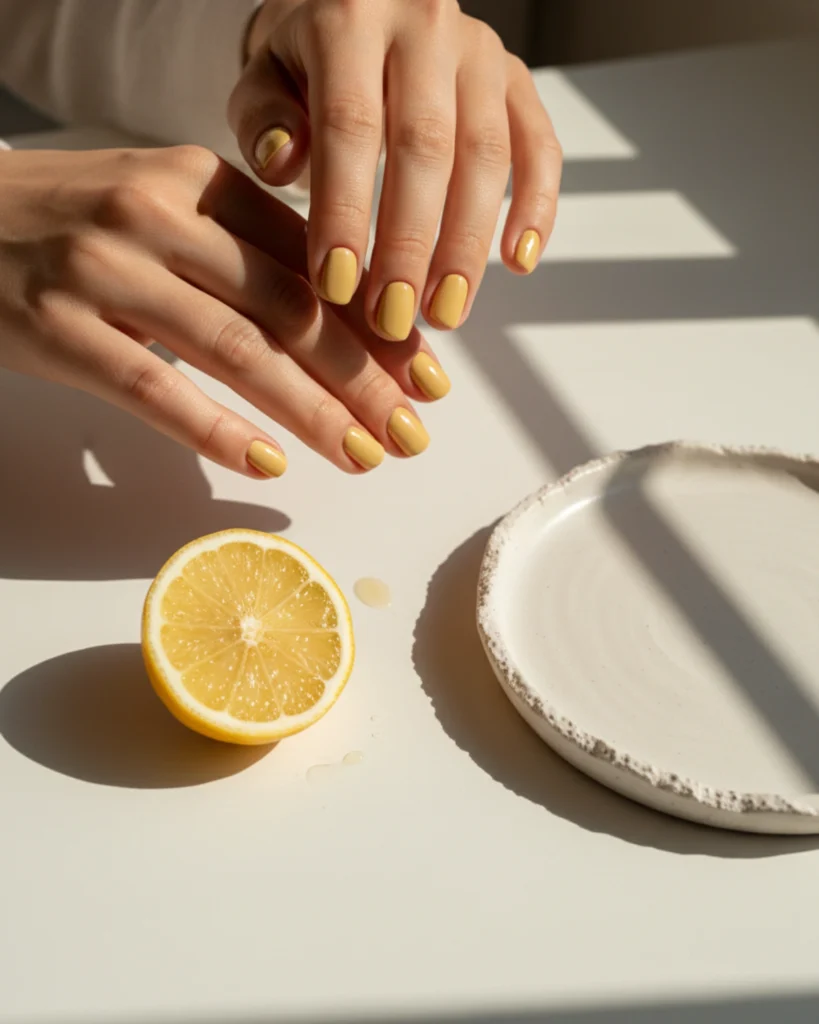 A close-up of hands with a glossy buttercup yellow manicure on short, squoval nails, a trending spring nail color for 2026.