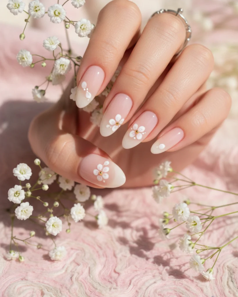 A hand with elegant almond-shaped nails showcases a French ombré design adorned with delicate white daisy art with gold centers, a classy spring nail idea for 2026.