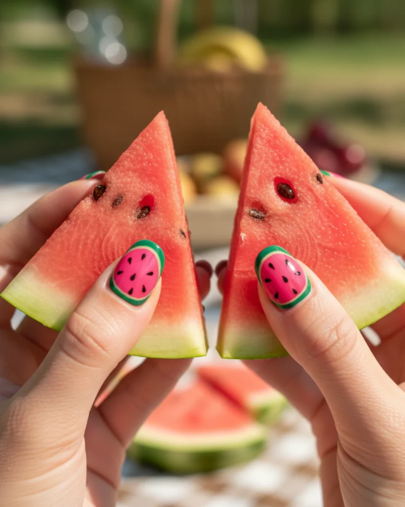 A close-up of a woman's hands holding two watermelon slices, showing off her matching watermelon nail art with a bright pink base, green rind details, and black seeds.